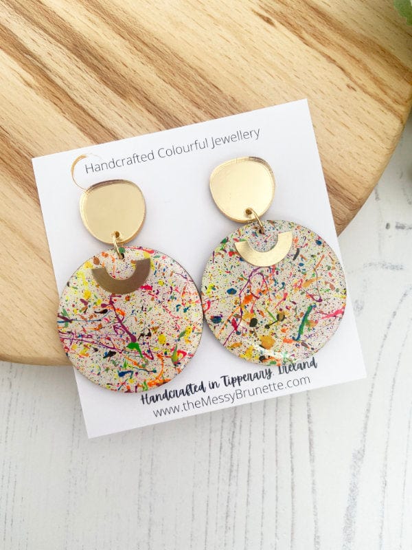 Multi Colour Paint Splatter Earrings Jewelry Large 40mm Circle with Gold Studs The Messy Brunette
