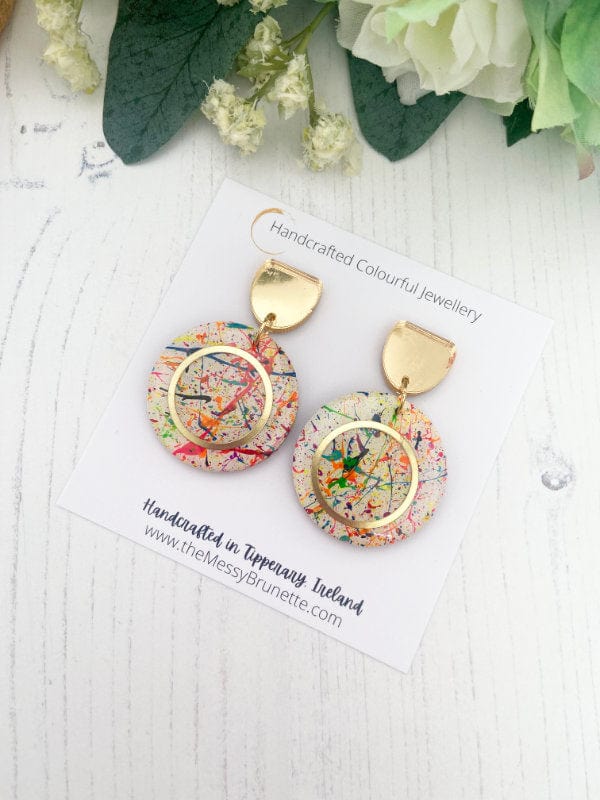 Multi Colour Paint Splatter Earrings Jewelry Small 32mm Circle with Gold Studs The Messy Brunette