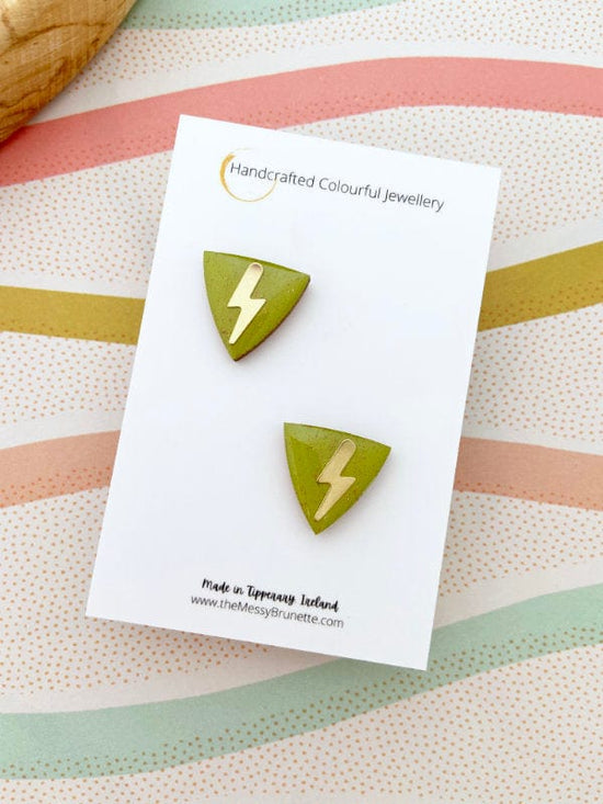 Load image into Gallery viewer, Olive Green Triangle Stud Earrings Lasercut Mini Triangles TheMessyBrunette
