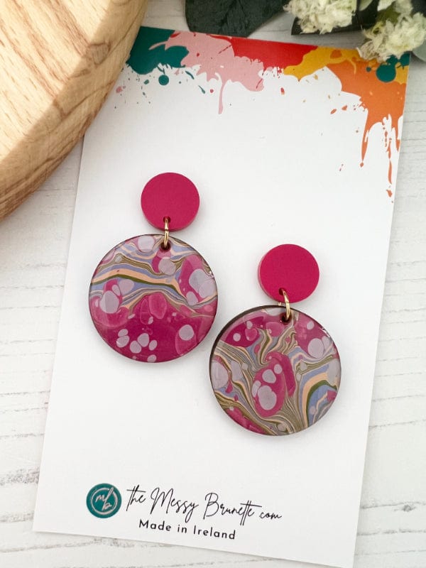 Load image into Gallery viewer, Raspberry &amp;amp; Lilac Marble Earrings earrings 32mm Round Shape The Messy Brunette
