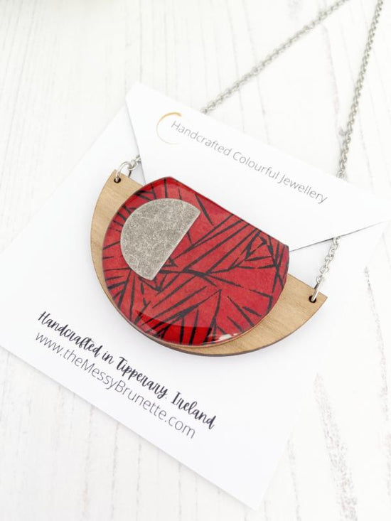 Geometric Red and Black Handmade Necklace made from FSC birch wood & finished with a stainless steel silver necklace