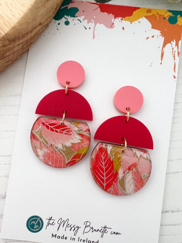 Load image into Gallery viewer, Red &amp;amp; Pink Leaf Earrings Earrings 2 Part Barrel Shape The Messy Brunette
