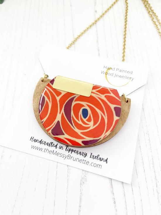 Rose Flower Necklace, handmade wood necklace made with hand screened paper with a rose design, finished with resin and stainless steel chain