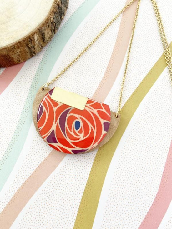 Load image into Gallery viewer, Rose Flower Necklace, handmade wood necklace made with hand screened paper with a rose design, finished with resin and stainless steel chain
