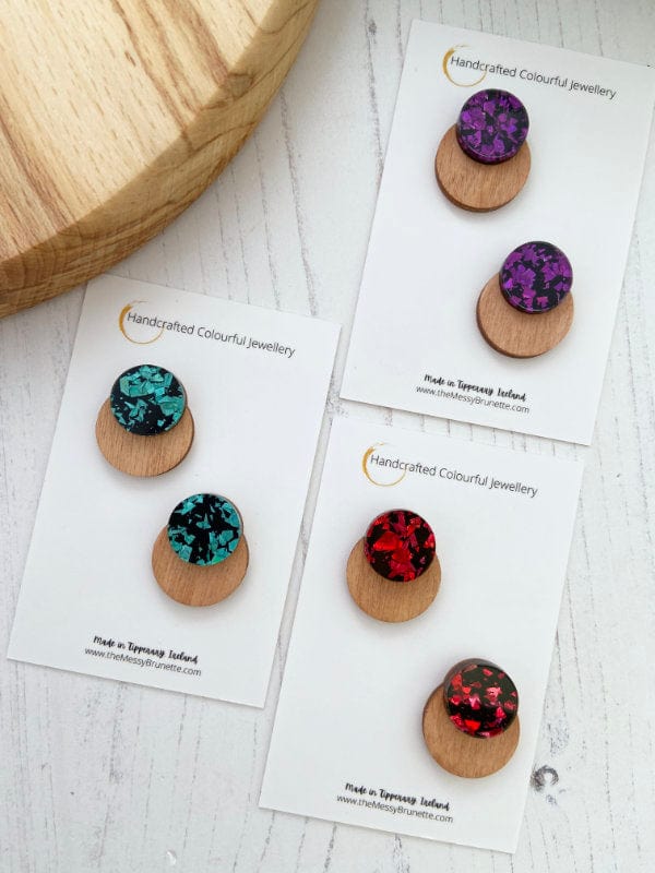 Load image into Gallery viewer, Round Dot Studs in Red, Green &amp;amp; Purple Lasercut Round Dots The Messy Brunette
