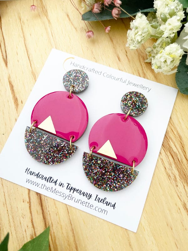 Load image into Gallery viewer, Sparkle Dangle Earrings in Black, Green &amp;amp; Pink Lasercut Glitter Balloons Pink The Messy Brunette
