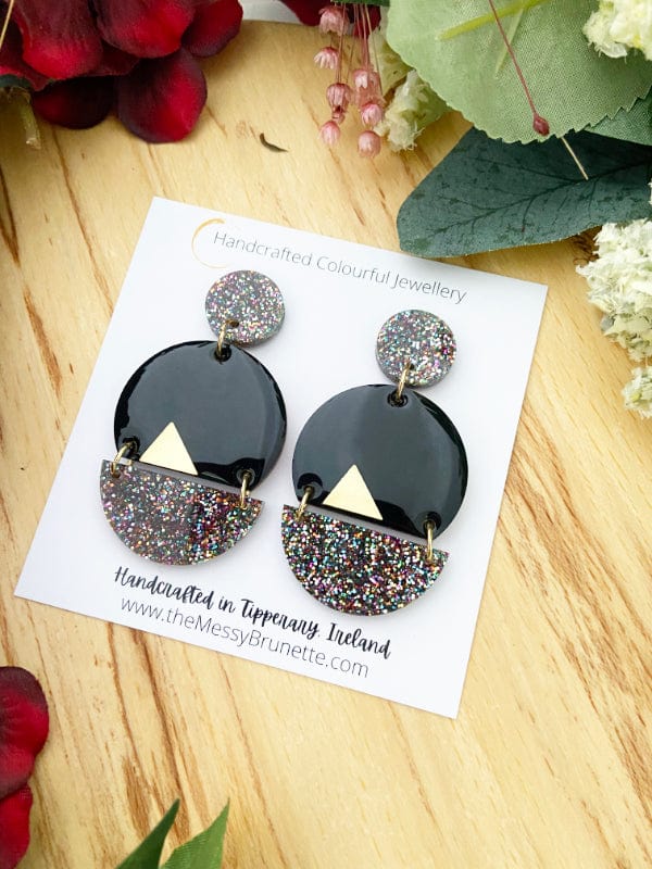 Load image into Gallery viewer, Sparkle Dangle Earrings in Black, Green &amp;amp; Pink Lasercut Glitter Balloons Black The Messy Brunette
