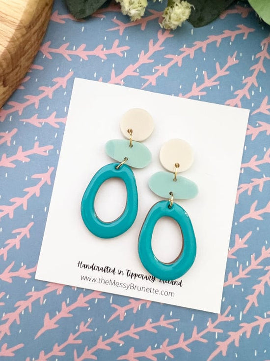 Load image into Gallery viewer, Stacked Oval Drop Earrings in 3 Colourways Earrings Blue Ovals on Linen Studs The Messy Brunette
