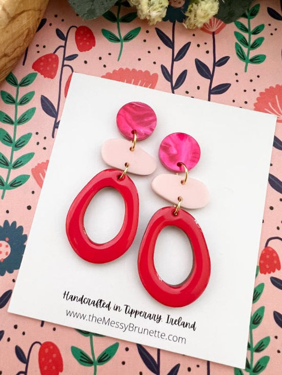Stacked Oval Drop Earrings in 3 Colourways Earrings Red Ovals on Pink Studs The Messy Brunette