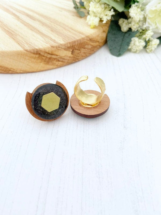 Load image into Gallery viewer, Wooden Geometric Rings in Black &amp;amp; Green Geo Ring 30mm The Messy Brunette
