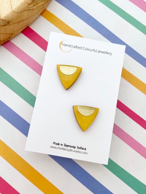 Load image into Gallery viewer, Yellow Triangle Stud Earrings Lasercut Mini Triangles TheMessyBrunette
